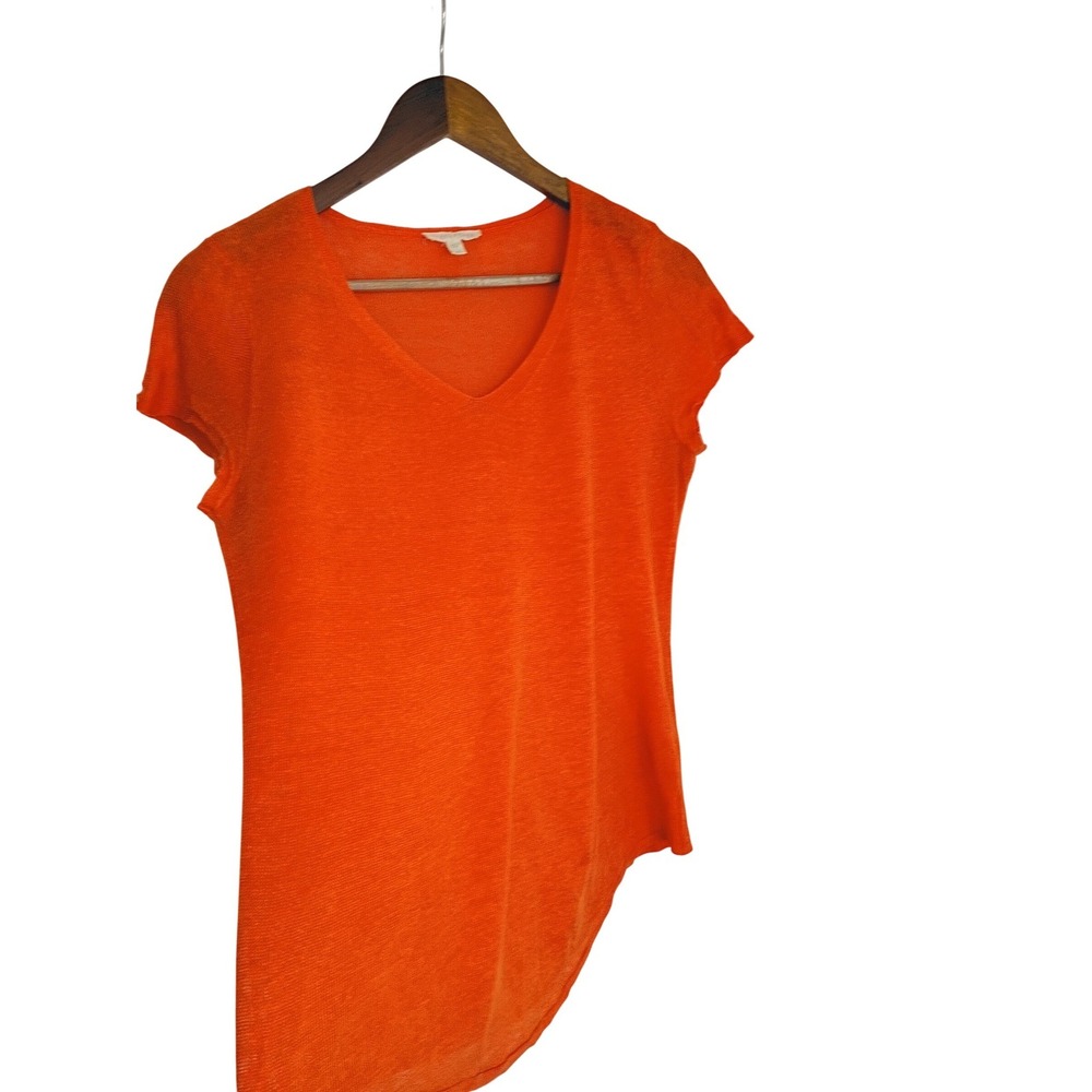 EILEEN FISHER 100% Organic Linen Orange V-Neck Knit Tee Top S‎ Coastal Luxe $138